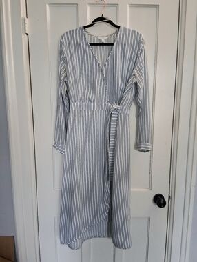 Time And Tru - Long Sleeve Wrap Midi Dress, Striped Blue and White, Large